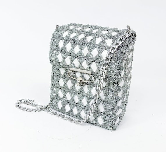 1960s Silver Box Purse | 60s Silver Metallic Croch