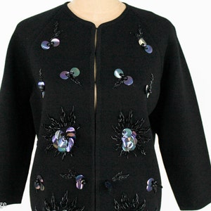 1960s Black Sequin Wool Cardigan 60s Black Wool Double Knit Cardigan Figure Knits Medium image 8