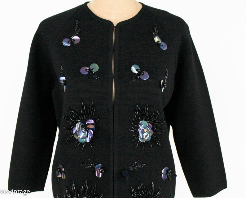 1960s Black Sequin Wool Cardigan 60s Black Wool Double Knit Cardigan Figure Knits Medium image 8