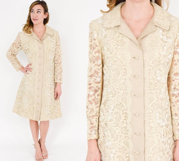 1960s Beige Silk Shantung Dress | 60s Beige Lace … - image 1