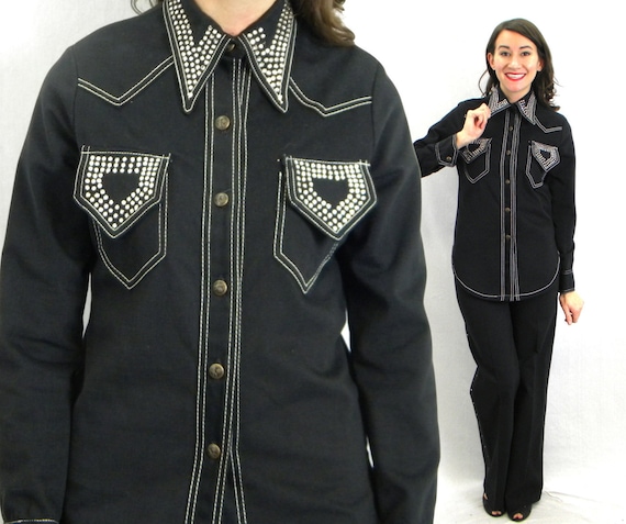 1980s Black Denim Pantsuit | 80s Black & Rhineston