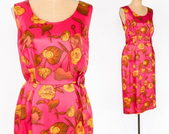 1950s Pink Floral Wiggle Dress | 50s Fuchsia Flowered Sleeveless Dress | Medium