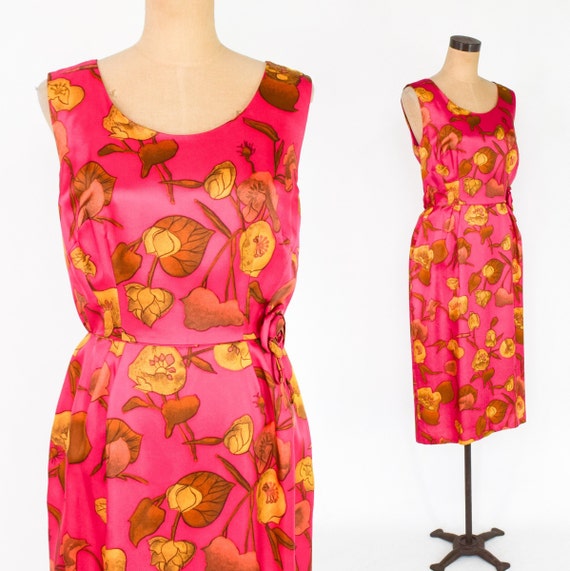 1950s Pink Floral Wiggle Dress | 50s Fuchsia Flow… - image 1