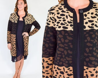 1980s Brown Animal Print Sweater Coat | 80s Animal Print Cardigan Sweater | Prophecy | Large