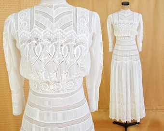 1880s Edwardian Lace Cotton Gown | Antique Walking Dress, Small