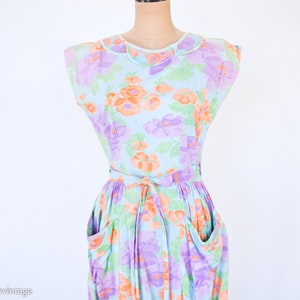 1950s Lavender Floral Cotton Dress 50s Flowered Wrap Dress Wrap Dress Rockabilly Medium image 7