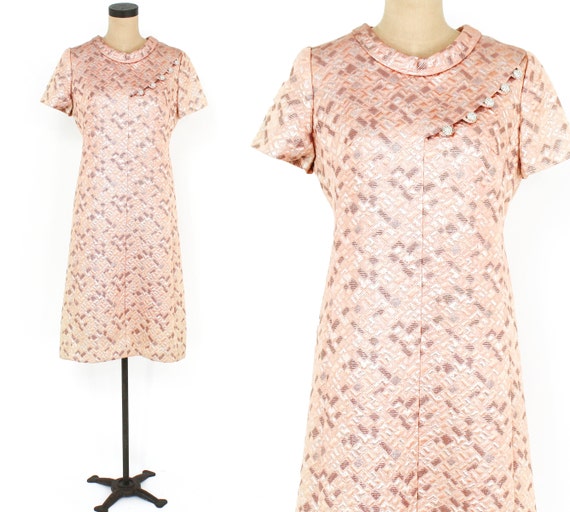 1960s Peach Brocade Dress | 60s Pink Metallic Broc