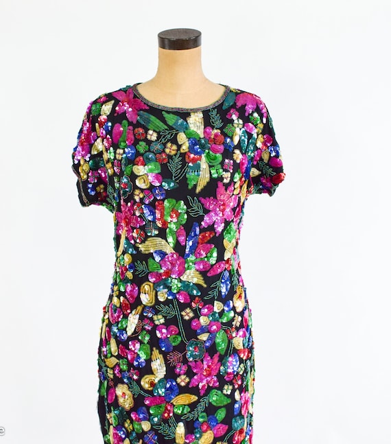 1980s Colorful Sequin Party Dress | 80s Sequin Be… - image 7