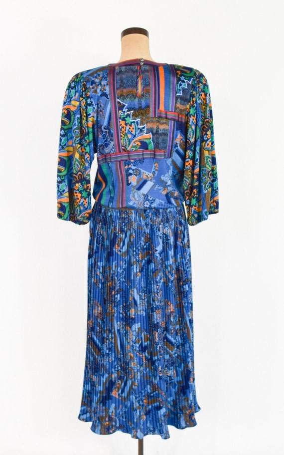 Diane Freis | 1980s Blue Wool Print Dress | 80s B… - image 4