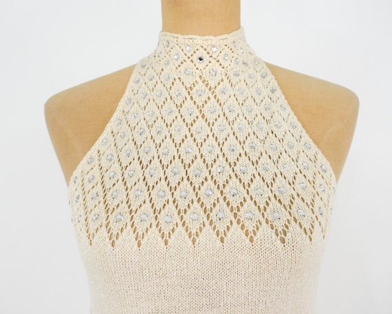 1970s Creme Knit Maxi Dress | 70s Creme & Rhinest… - image 3