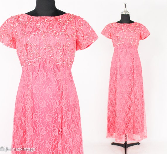 1950s Pink Lace Sequin Formal | 50s Pink Lace Eve… - image 1