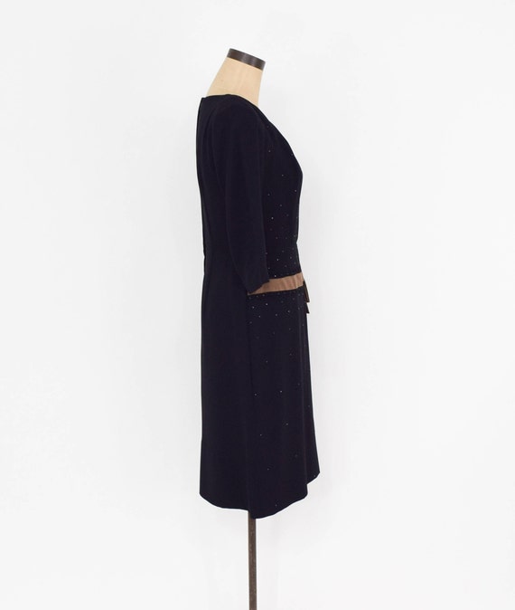 1950s Black Crepe Cocktail Dress | 50s Black & Rh… - image 6