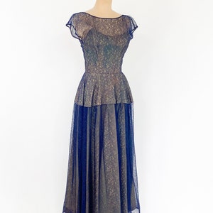 1950s Navy Lace Evening Gown 50s Navy Lace Illusion Dress Old Hollywood Small image 2