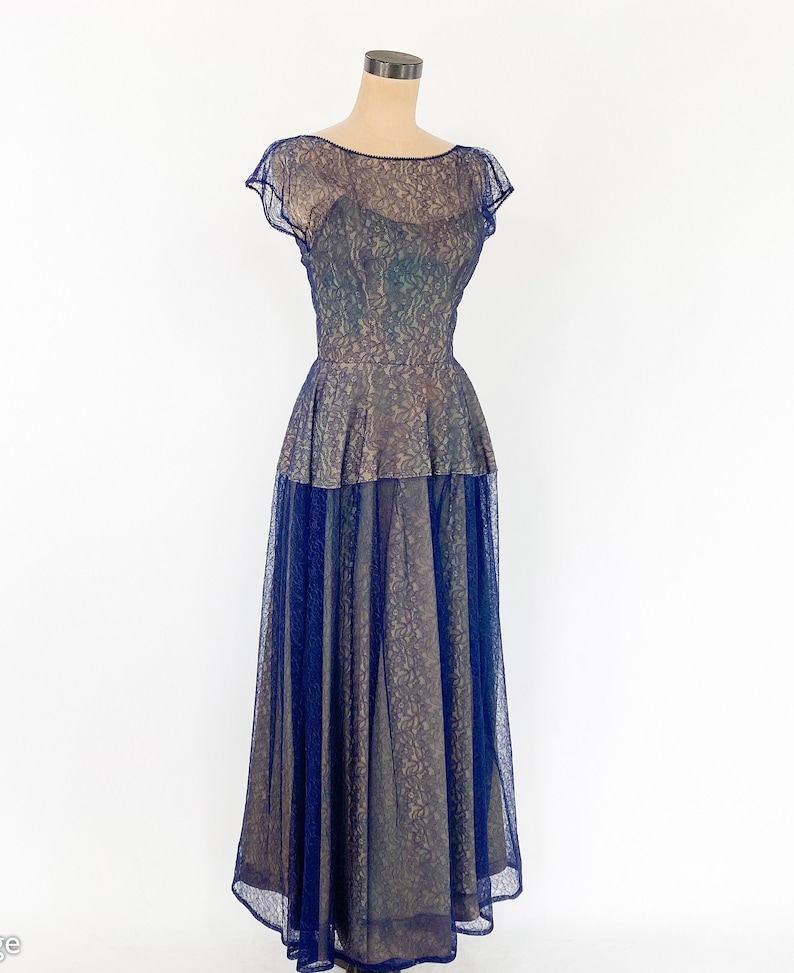 1950s Navy Lace Evening Gown 50s Navy Lace Illusion Dress Old Hollywood Small image 2