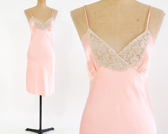 Combinación de seda color melocotón de los años 30 / Corpiño floral de encaje beige vintage, talla mediana