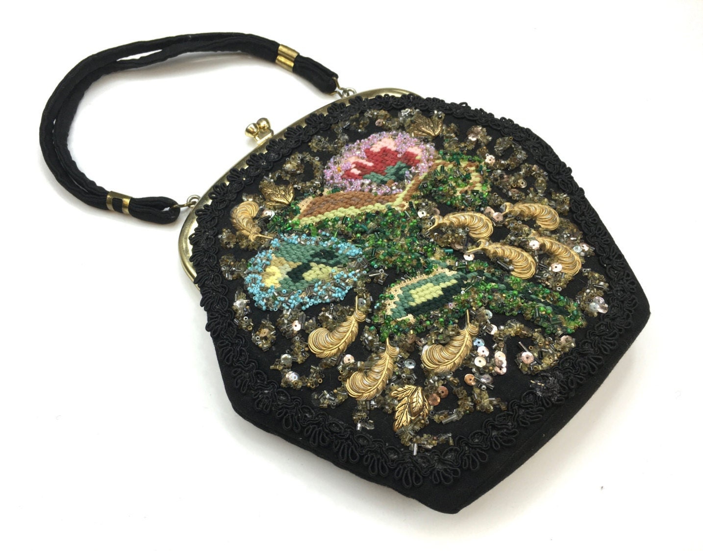 Antique Black Beaded and Needlepoint Evening Purse, Vintage 1950s Beaded  Bag with Tapestry