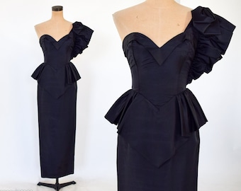 1980s Black Evening Dress | 80s Black Taffeta One Shoulder Formal | Climax | X Small