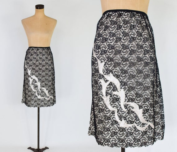 1950s Black Lace Half Slip | 50s Black & white Lace S… - Gem