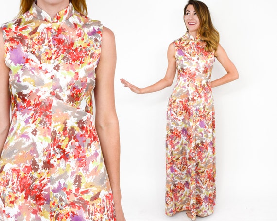 1970s Red Floral Maxi Dress | 70s Red & White Flo