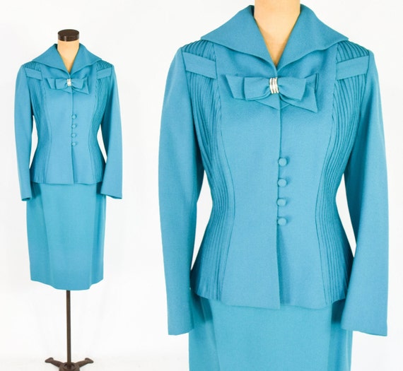 Lilli Ann | 1950s Blue Wool Crepe Suit | 50s Turq… - image 1