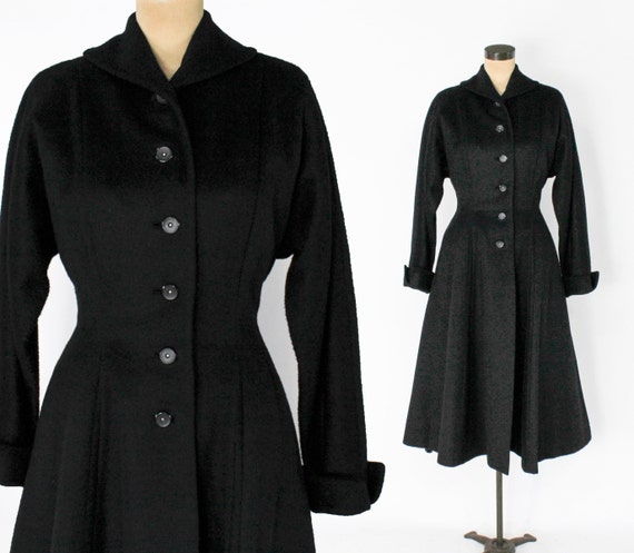 1950s Black Wool Princess Coat | 50s Black Mohair