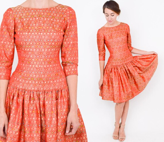 1950s Orange Silk Party Dress | 50s Orange Brocad… - image 1