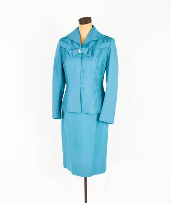 Lilli Ann | 1950s Blue Wool Crepe Suit | 50s Turq… - image 3