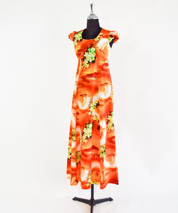 1970s Orange Floral Maxi Dress | 70s Orange Hawai… - image 4