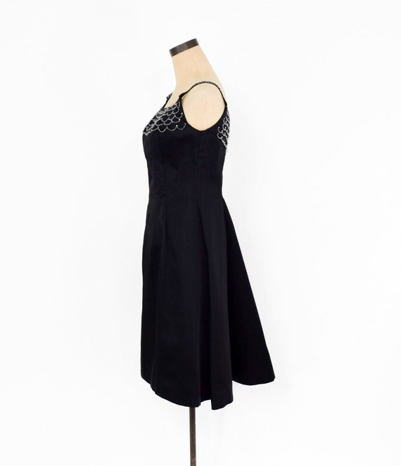 1950s Black Satin Cocktail Dress | 50s Black Bead… - image 4