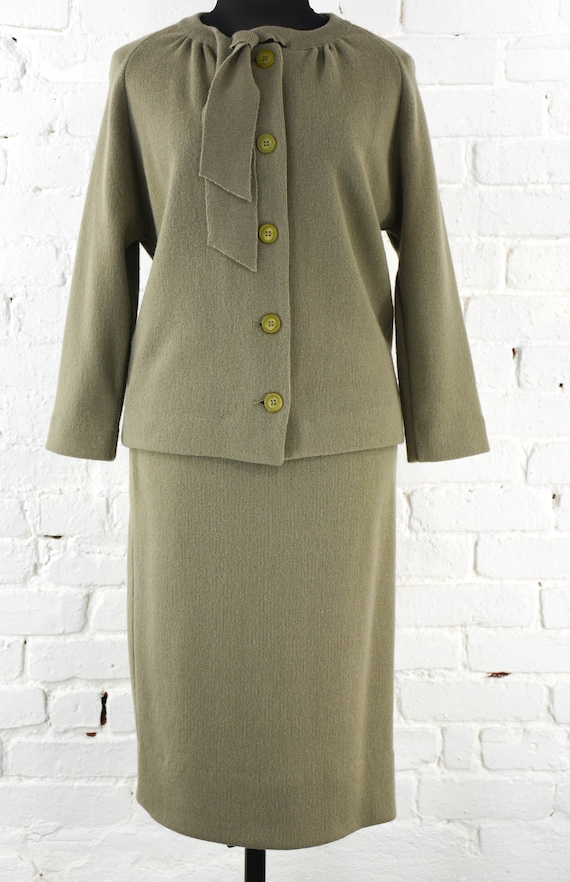 1960s Sage Green Knit Suit | 60s Green Wool Sweate