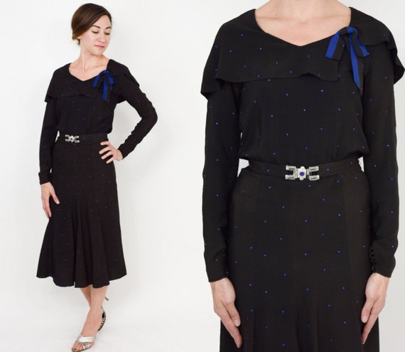 1930s Black Silk Dress | 30s Black Silk Crepe & Rh