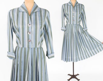 1950s Blue Stripe Shirtwaist Dress | 50s Blue Cotton Striped Dress | Rockabilly | Julie Miller | Medium