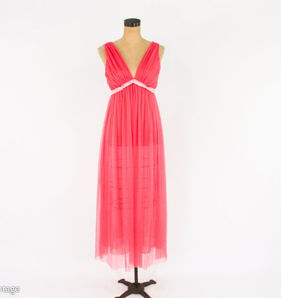 1950s Pink Pleated Nightgown | 50s Coral Pink Nig… - image 2