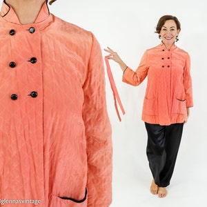 1940s Coral Quilted Pajamas Set 40s Peach Quilted Robe & Slacks Old Hollywood Medium image 3