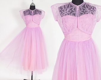 Vestido de noche de tul lavanda de los años 40 / Vestido de noche rosa vintage sin tirantes y bolero, talla extra pequeña