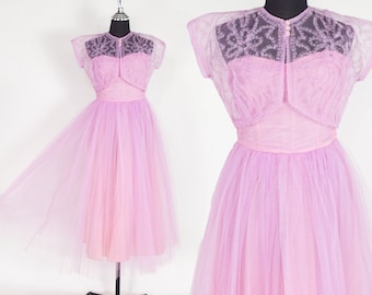 1940s Lavender Pink Tulle Evening Gown | 40s Pink Strapless Evening Dress & Bolero | Extra Small