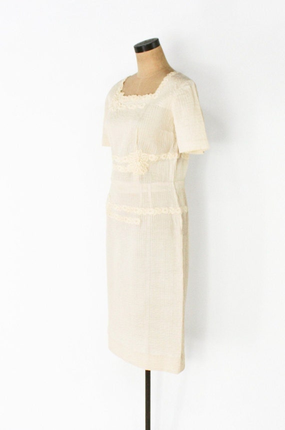 1950s Beige Cotton Summer Dress | 50s Creme & Lac… - image 5