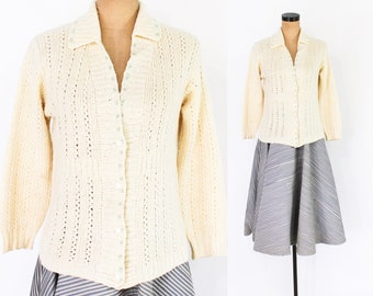 1950s Creme Knit Cardigan | 50s Button Front Wool Sweater | Medium