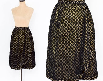 1950s Black Velvet & Gold Bubble Skirt | 50s Black Velvet Evening Skirt | Franco Bertoli | XXSmall