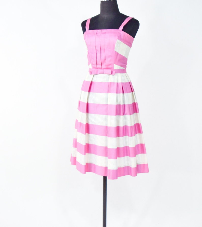 1950s Pink Stripe Cotton Dress 50s Pink Sun Dress Barbie Pink Dress Pat Primo XS image 3