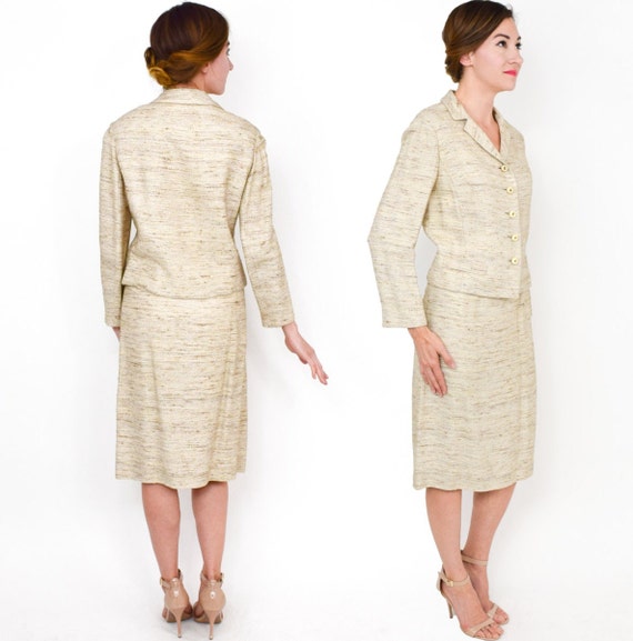 1960s Beige Silk Suit | 60s Beige Raw Silk Skirt … - image 3