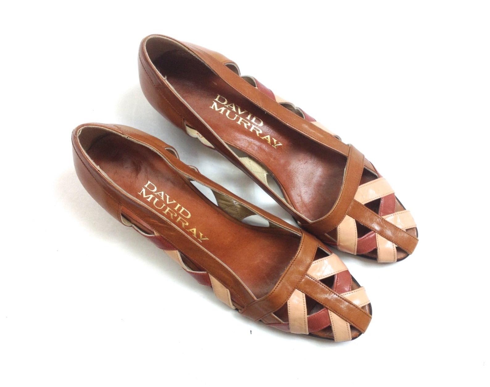 80s brown leather flats | woven leather ballet flats | two-tone leather flats | david murray | us 6 eu 36