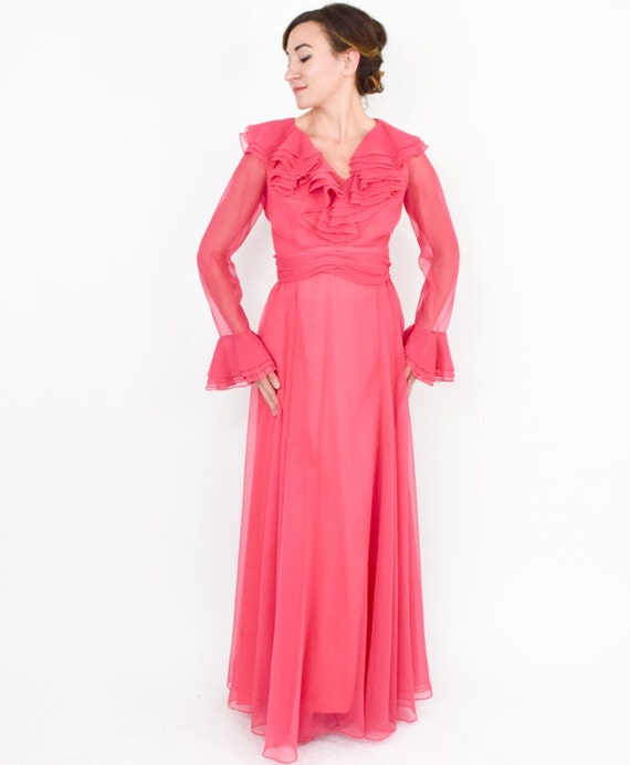 1970s Pink Evening Maxi Dress | 70s Pink Chiffon … - image 5