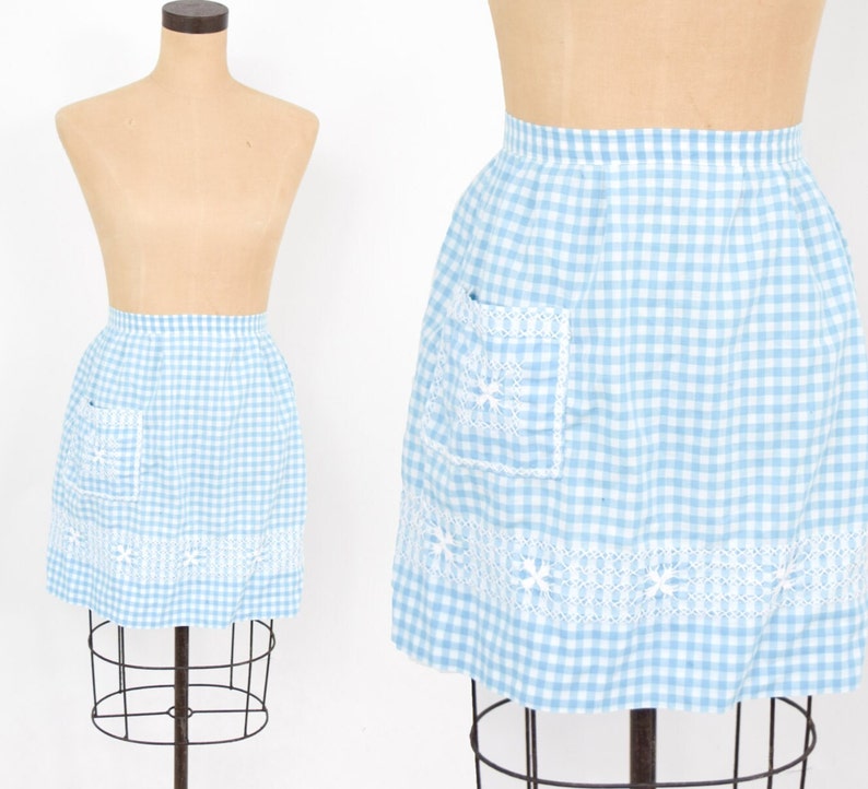 1950s Blue Cotton Apron 50s Blue Gingham Apron Cross Stitched Hostess Wedding Shower image 1