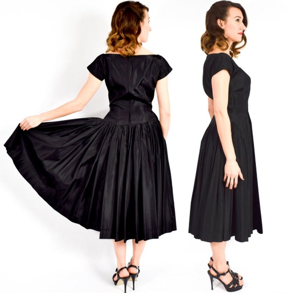 1950s Black Taffeta Party Dress | 50s Black Taffe… - image 3