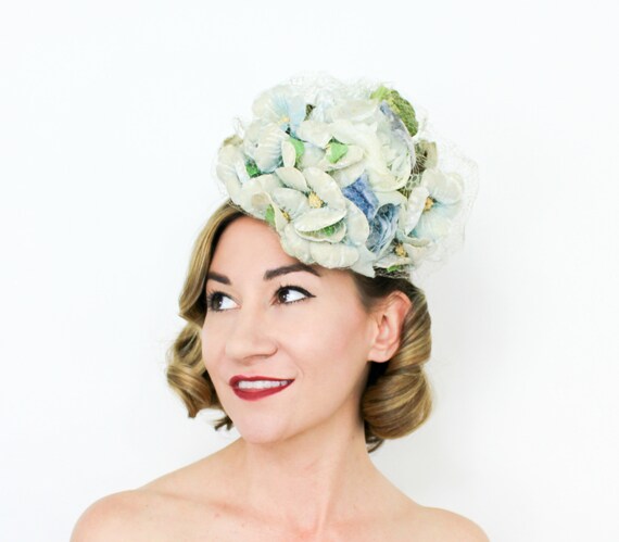 1940s Blue Flower Fascinator | 40s Pale Blue Flowe
