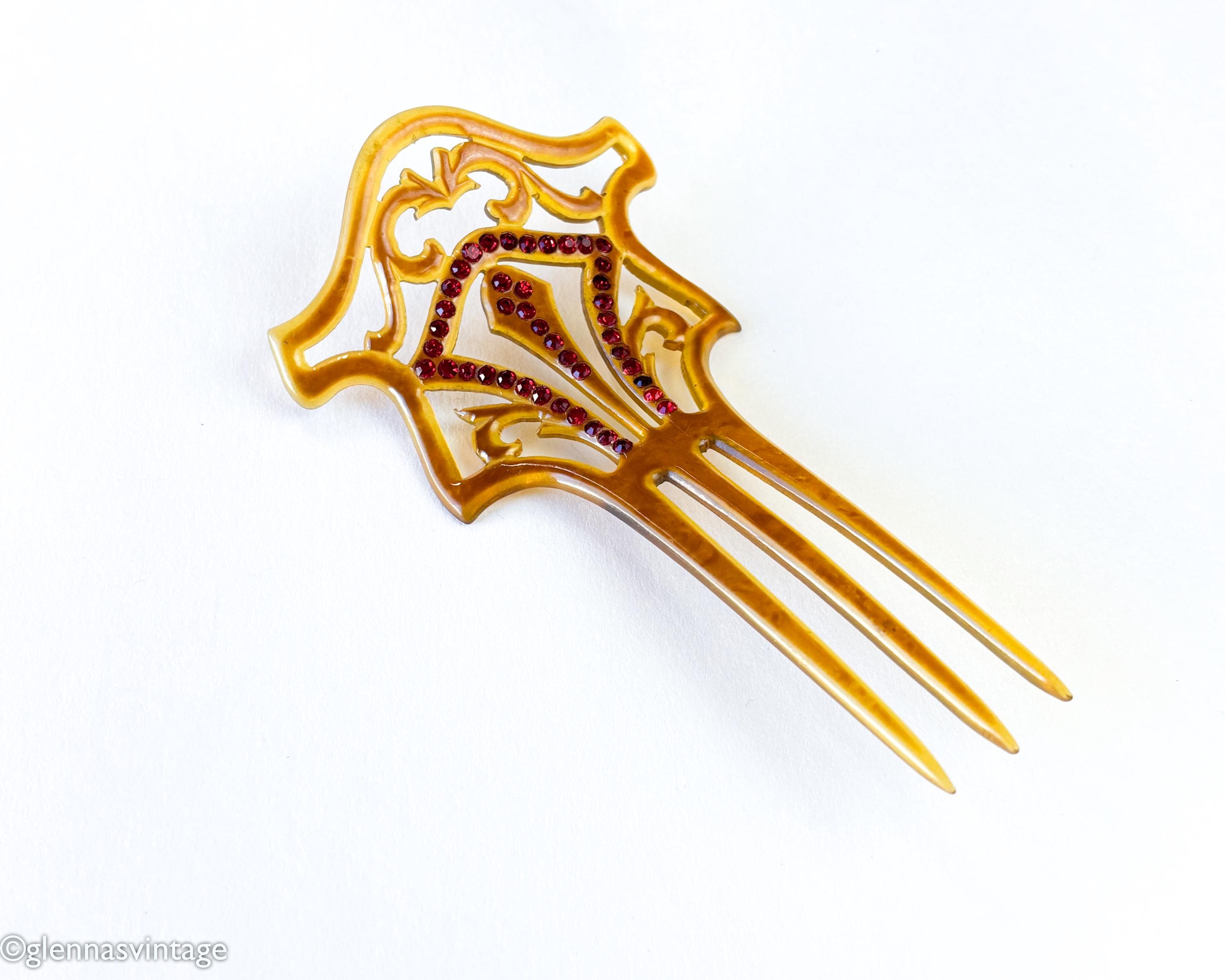 1900s Brown Celluloid Mantilla Hair Comb, Red Rhinestones  display picture 2
