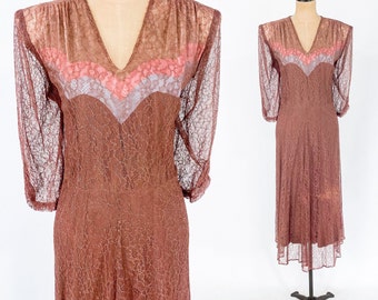 1940s Brown Crepe & Lace Evening Dress | 40s  Brown Illusion Lace Cocktail Dress |  Forever Young | Catherine Parel Paris | X Large