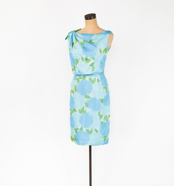 1950s Turquoise Blue Floral Party Dress | 50s Blu… - image 3