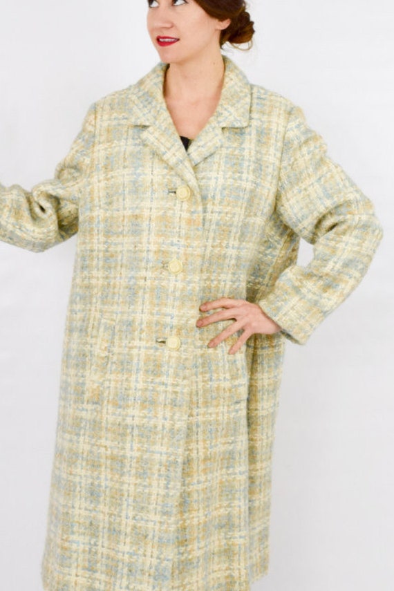 1950s Creme Plaid Wool Coat Mohair | 50s Beige Pl… - image 5